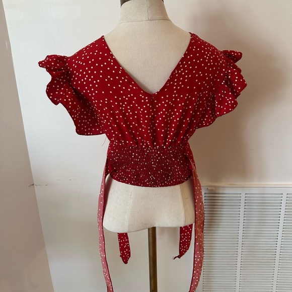 Shein Red and White Polka Dot Cropped Wrap Tie Top in Size Medium - Picture 3 of 3
